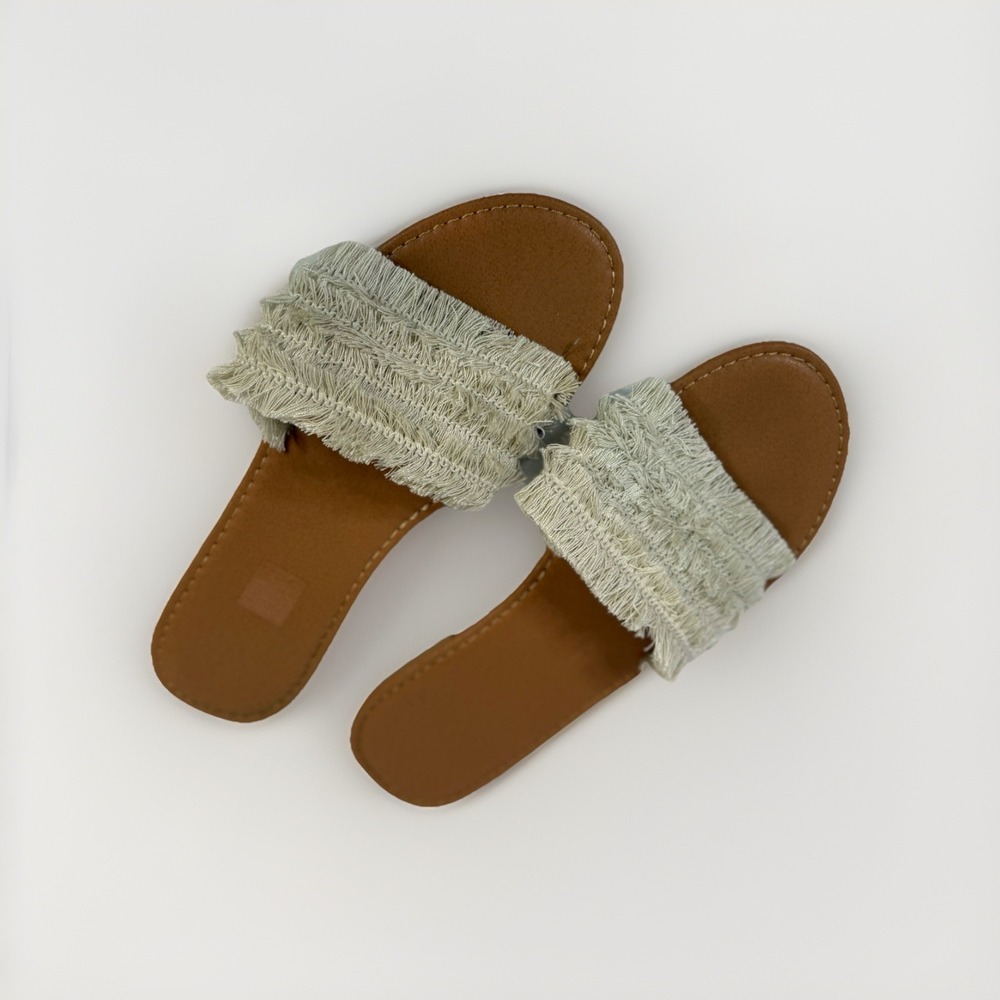 Boho Fringe Slide Sandals Womens 40 9.5 Tan Cream Woven Summer Beach Coachella